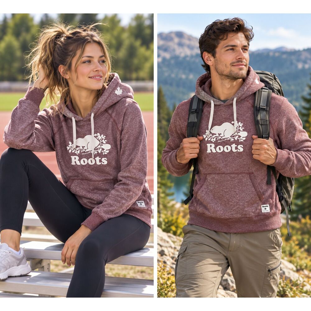 Roots Original Kanga Hoodie Maroon Heathered Salt & Pepper Beaver Logo Medium